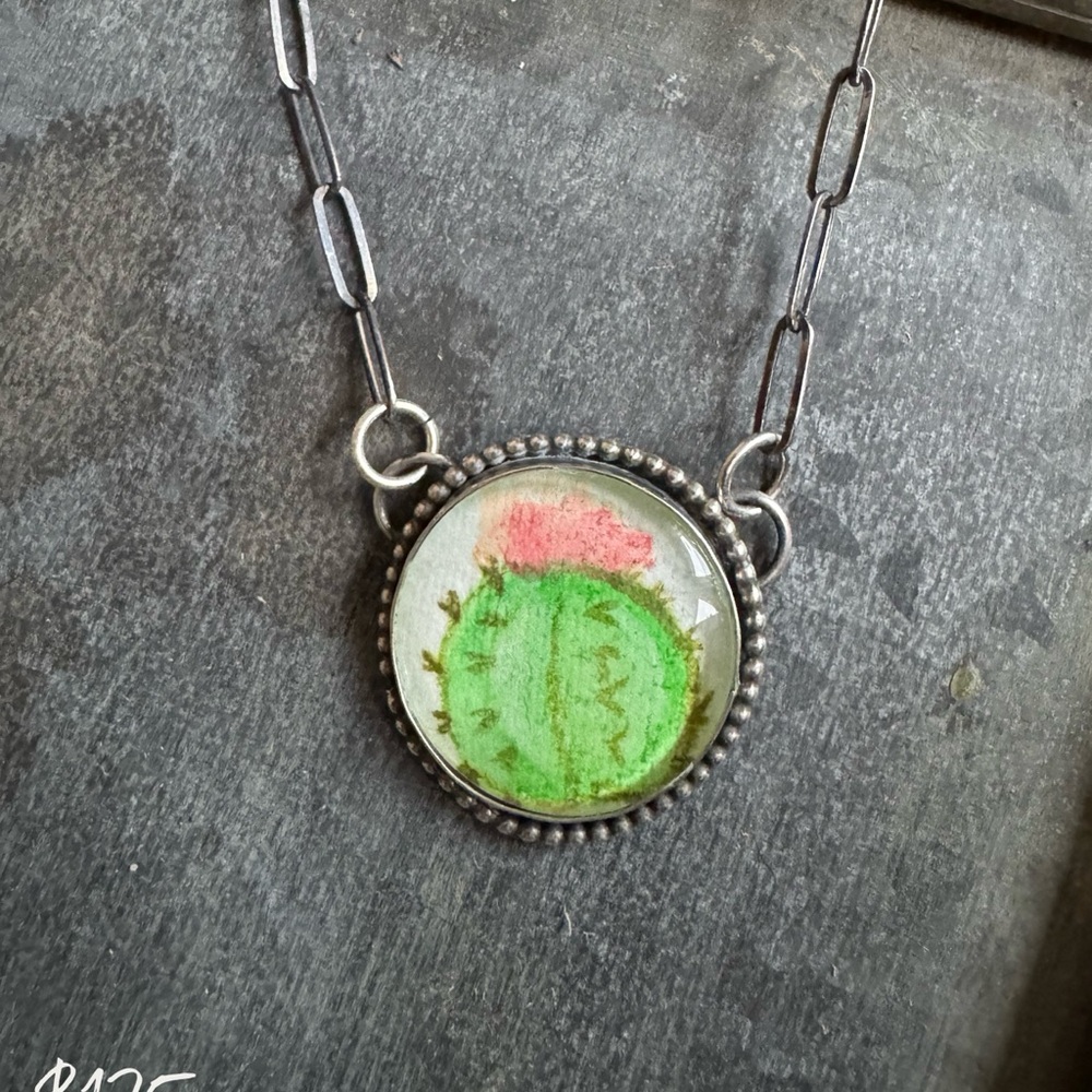 Green and Pink Cactus Pendant Necklace